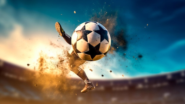 Een voetballer ontketent een krachtige slag met hun voet naar de bal Generatieve AI