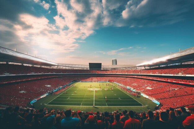 Een voetbalstadion met een blauwe lucht en een rood voetbalveld