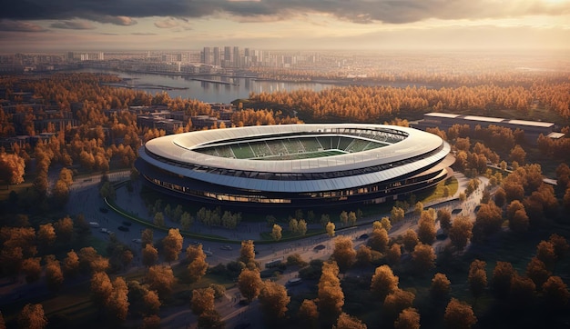 een voetbalstadion met een groot en bomen in de stijl van gedetailleerd hyperrealisme