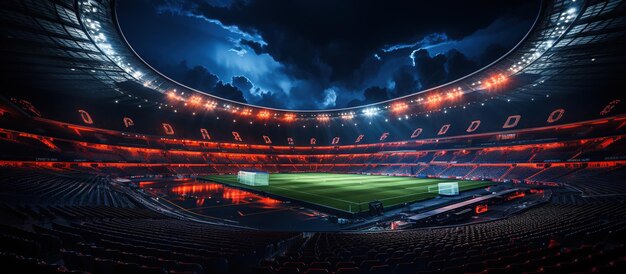 Een voetbalstadion's nachts Voetbalstadion overnacht met lichten