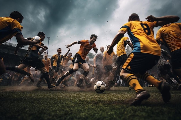 een voetbalwedstrijd met de naam van het team op de achterkant van de trui