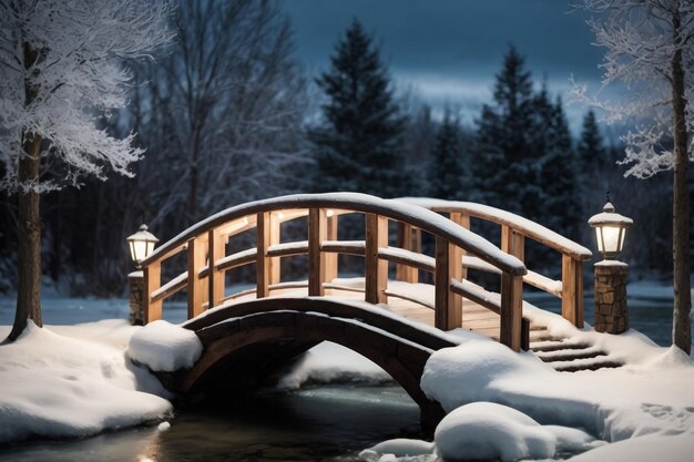 Een voetgangersbrug naar een besneeuwd bos over een stromende rivier