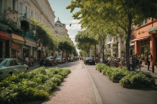 Een voetgangersvriendelijke straat met groen en fietspaden