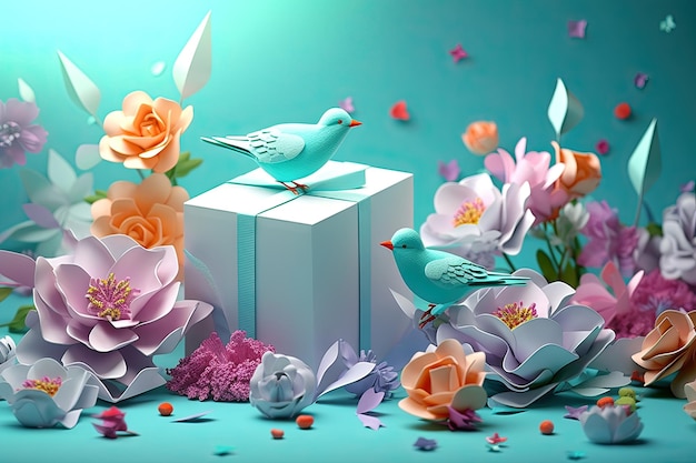 Een vogel die bovenop een doos zit, omringd door bloemen, een 3D-weergave winnaar van de behance-wedstrijd groenblauw papier speelse compositie canon-geschenken weergegeven in 4 k