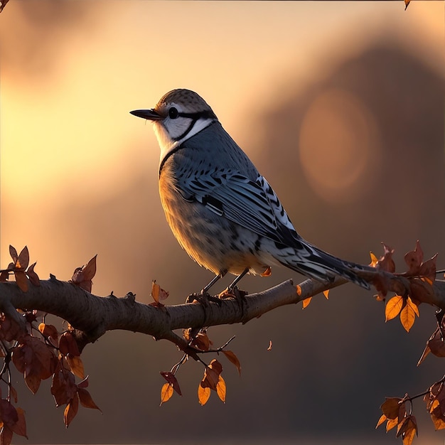 een vogel die op een tak zit met roze en blauwe bloemen gegenereerd door AI