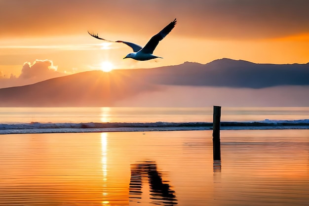 een vogel die over het water vliegt met daarachter de ondergaande zon.