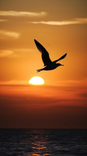 Een vogel die voor een ondergaande zon vliegt