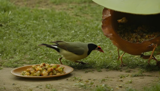 Foto een vogel eet van een bord voedsel op de grond