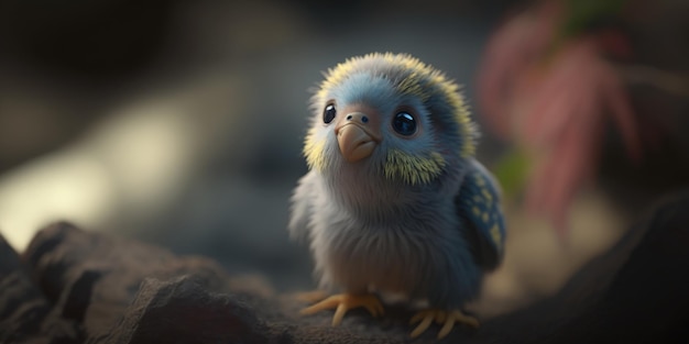 Een vogel genaamd pixar is een babyvogel met een gele snavel en blauwe ogen.