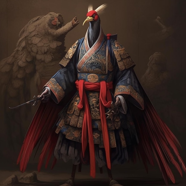 Een vogel Manchurian Crane Samurai met een rode cape en een zwaard in zijn hand generatieve ai