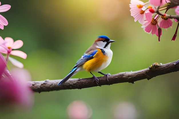 Een vogel met blauwe en gele veren zit op een tak met roze bloemen.