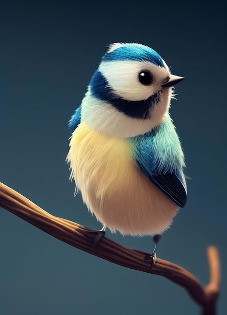 Een vogel met blauwe en gele veren zit op een tak.