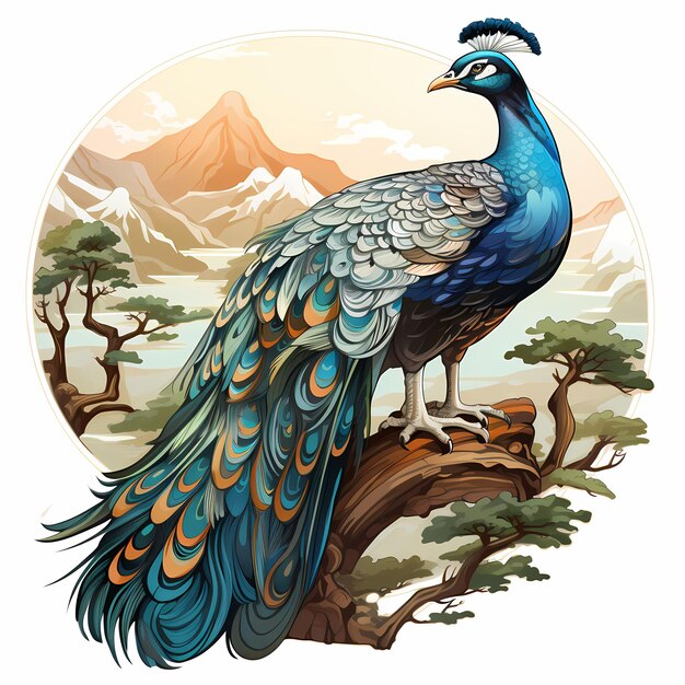 een vogel met blauwe staartveren staat in een boom.