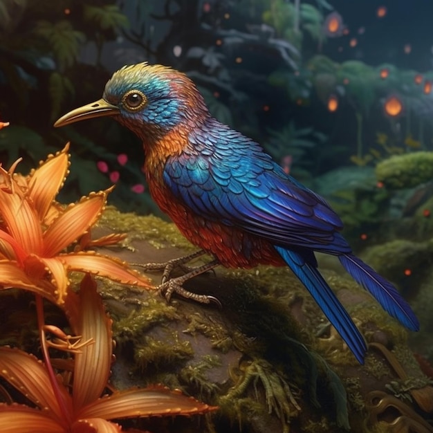 Een vogel met een blauw en oranje lichaam zit op een bemoste rots omgeven door planten.