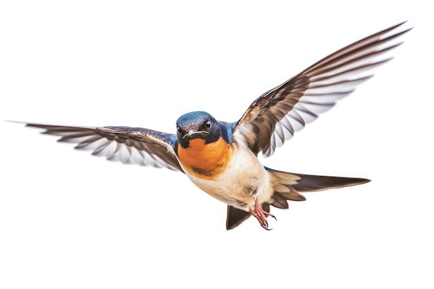 Een vogel met een blauwe buik en een oranje buik vliegt voor een witte achtergrond.