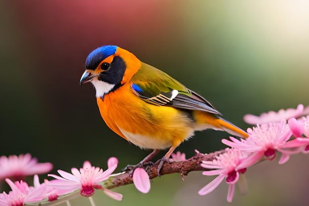 Een vogel met een blauwe kop en blauwe ogen zit op een tak met roze bloemen.