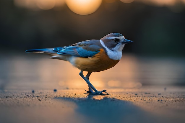 Een vogel met een blauwe kop en blauwe staart staat op een natte ondergrond.