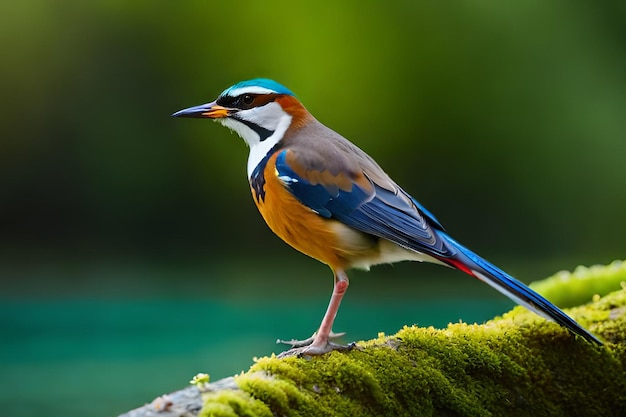 Een vogel met een blauwe kop en blauwe vleugels zit op een bemoste boomstam.