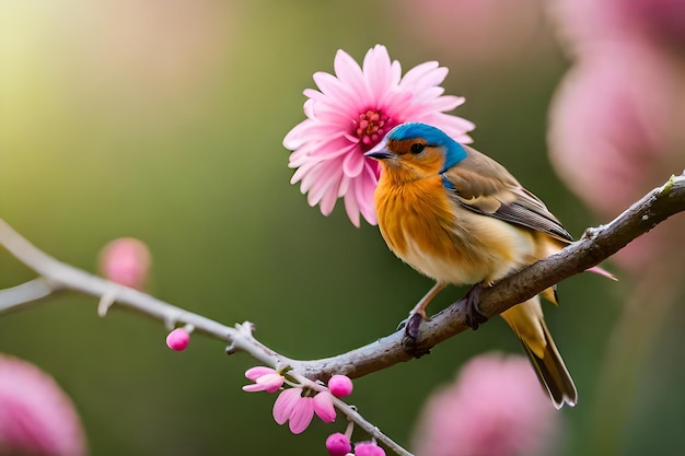 Een vogel met een blauwe kop en oranje borst zit op een tak met roze bloemen.