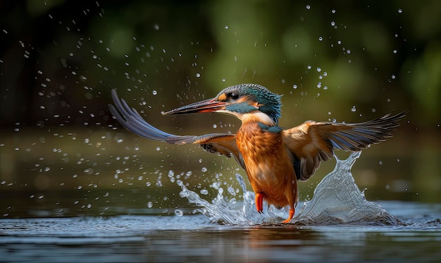 Foto een vogel met een blauwe kop en oranje snavel plonst in het water.