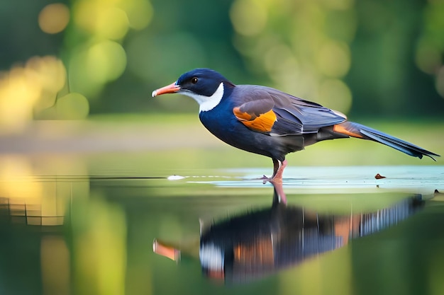 Een vogel met een blauwe kop en oranje vleugels staat op een meer.