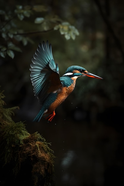Een vogel met een blauwe kop en oranje vleugels vliegt over een donker bos.