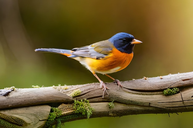 Een vogel met een blauwe kop en zwarte staart zit op een tak.