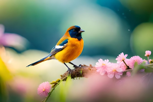 Een vogel met een blauwe kop en zwarte vleugels zit op een tak met roze bloemen.