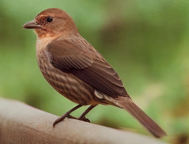 Een vogel met een bruine kop en zwarte snavel zit op een tak.