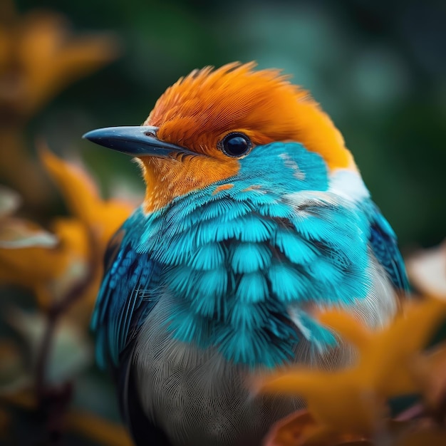 Een vogel met een feloranje kop en blauwe veren zit in een boom.