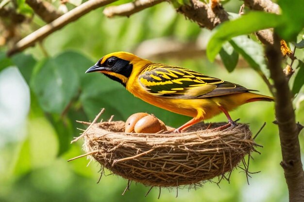 een vogel met een gele en zwarte snavel zit in een nest met eieren