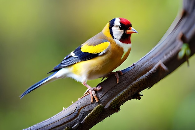 Een vogel met een gele kop en blauwe ogen zit op een tak.