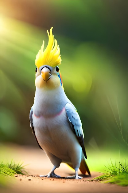 Een vogel met een gele kop en blauwe veren