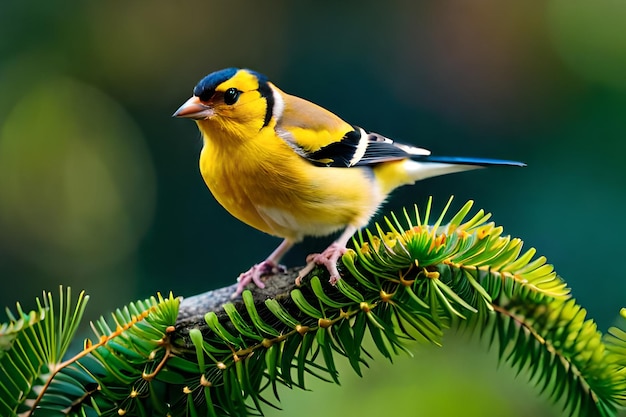 Een vogel met een gele kop en een zwart-blauwe kop zit op een tak.