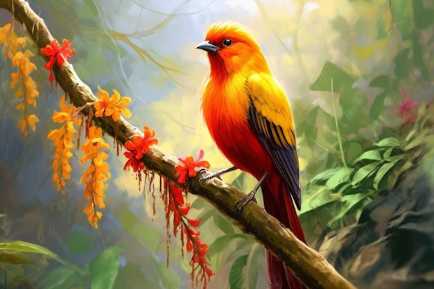 Een vogel met een gele kop en rode veren zit o