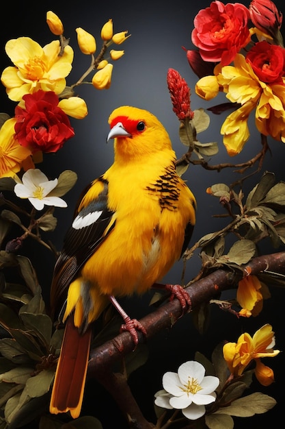 Een vogel met een gele kop en rode veren zit op een tak met een bloem op de achtergrond