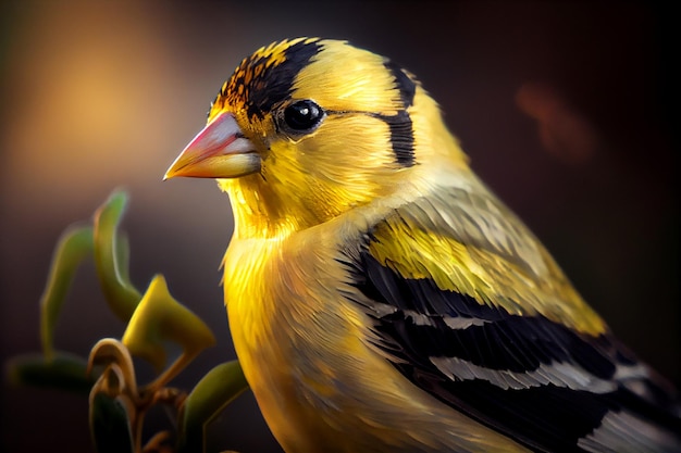 Een vogel met een gele kop en zwarte strepen zit op een tak