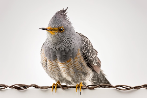 Een vogel met een gele snavel zit op een prikkeldraad.