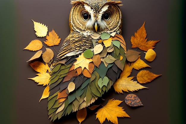 Een vogel met een gezicht gemaakt van bladeren en een grote uil.