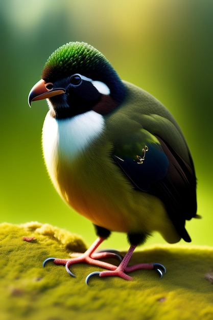 Een vogel met een groene kop en groene veren zit op een tak.