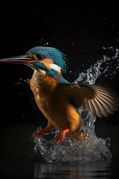 Een vogel met een lange snavel en oranje snavel landt in het water