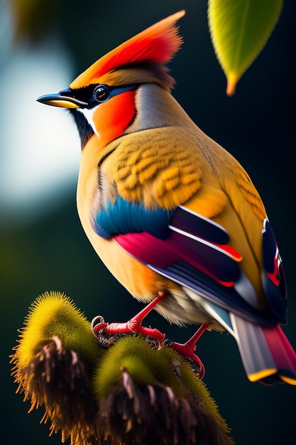 Foto een vogel met een rode kop en een gele kop zit op een tak.