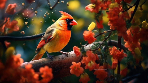 Een vogel met een rode kop en een zwarte kop zit op een tak van een boom met oranje bloemen.