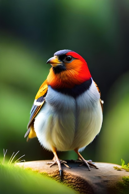 Een vogel met een rode kop en een zwarte kop zit op een tak.