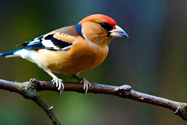 Een vogel met een rode kop en een zwarte kop zit op een tak.