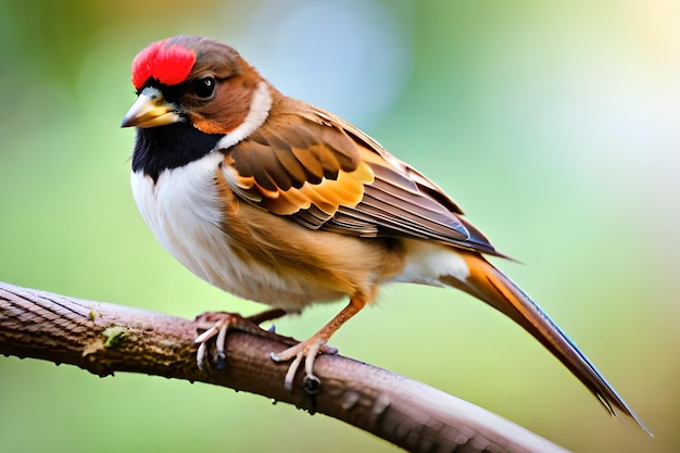 Een vogel met een rode kop en rood op zijn kop zit op een tak.