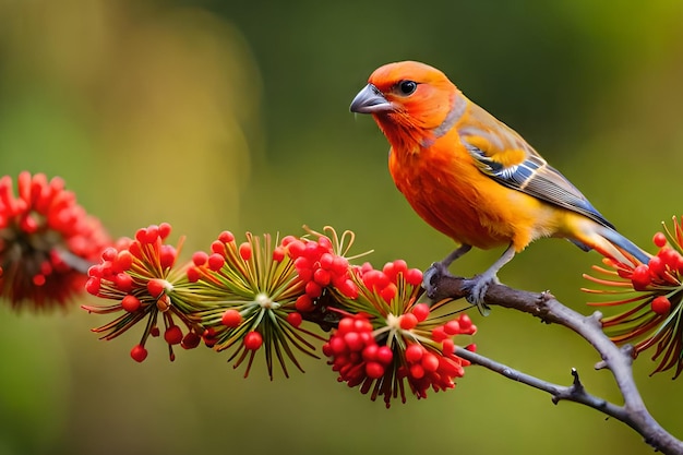 Foto een vogel met een rode kop zit op een tak met een groene achtergrond.