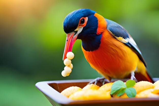 Een vogel met een rode snavel eet fruit.