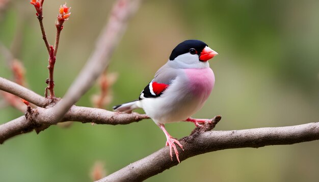 een vogel met een rode snavel staat op een tak