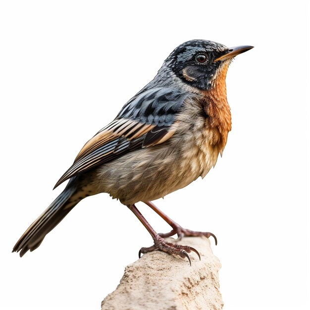 Een vogel met een rood en zwart gezicht staat op een rots.